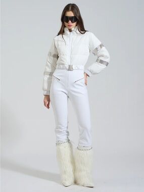 White Women's Skinny Ski Jumpsuit with Faux-Fur Cuff Details